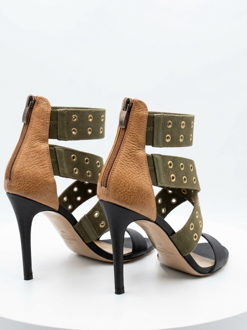 Via Spiga Grommet Olive Green Black Tan Strappy Ankle Zip Stiletto Heels Size 9